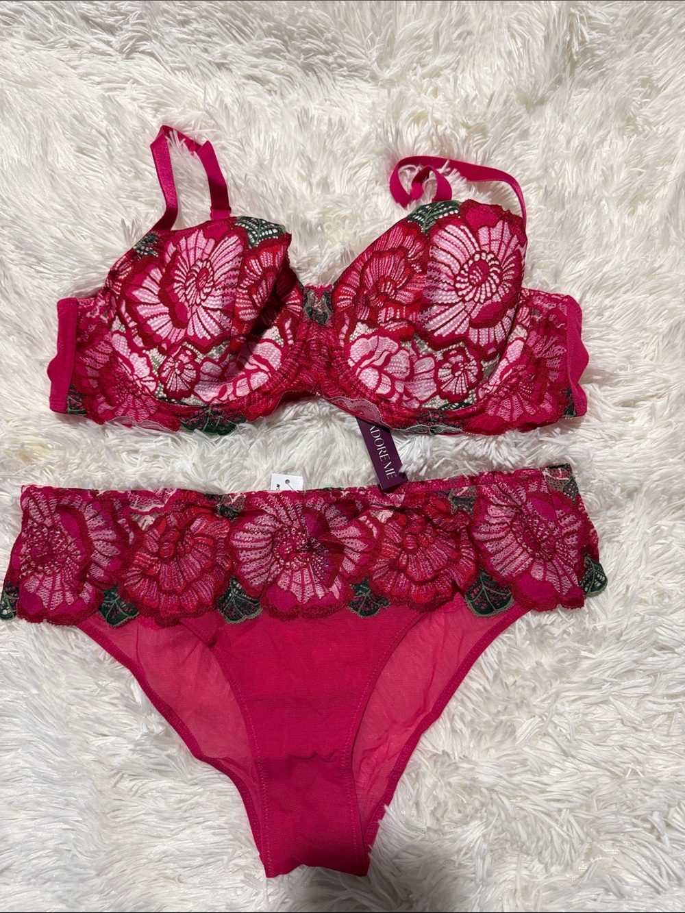Adore Me Fuchsia Floral Lace Push-Up Bra & Bikini Set